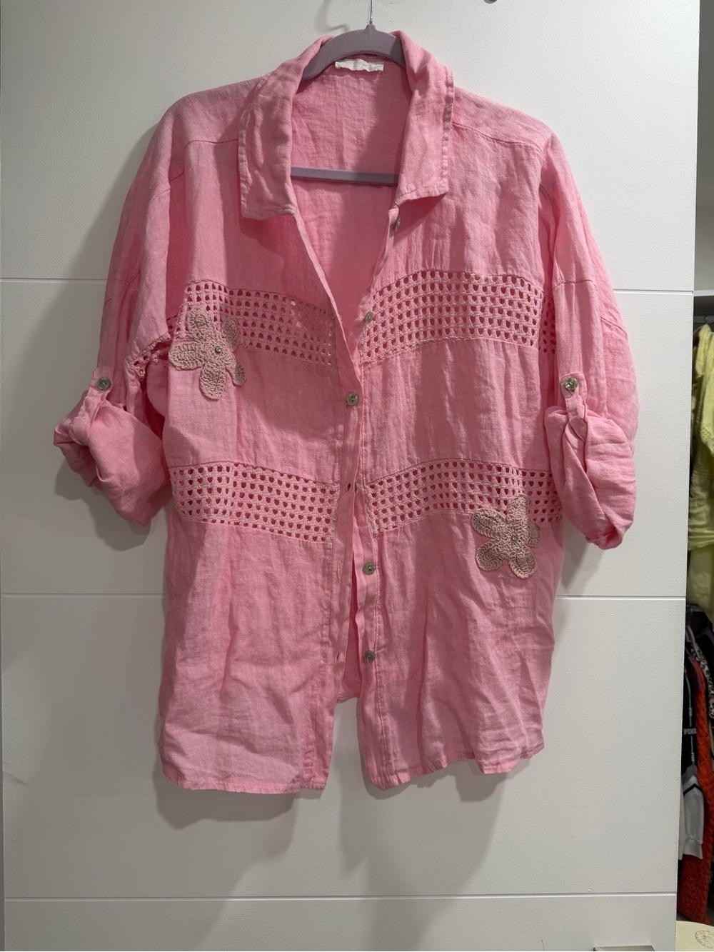 Brand New Made in Italy Pink Linen Button-Up Shirt with Crochet Details